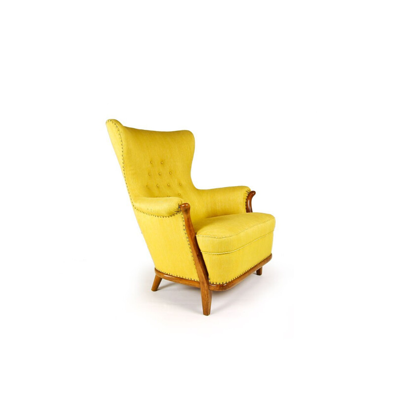 Vintage Armchair in Walnut With Yellow Wool Upholstery Swedish 1950s