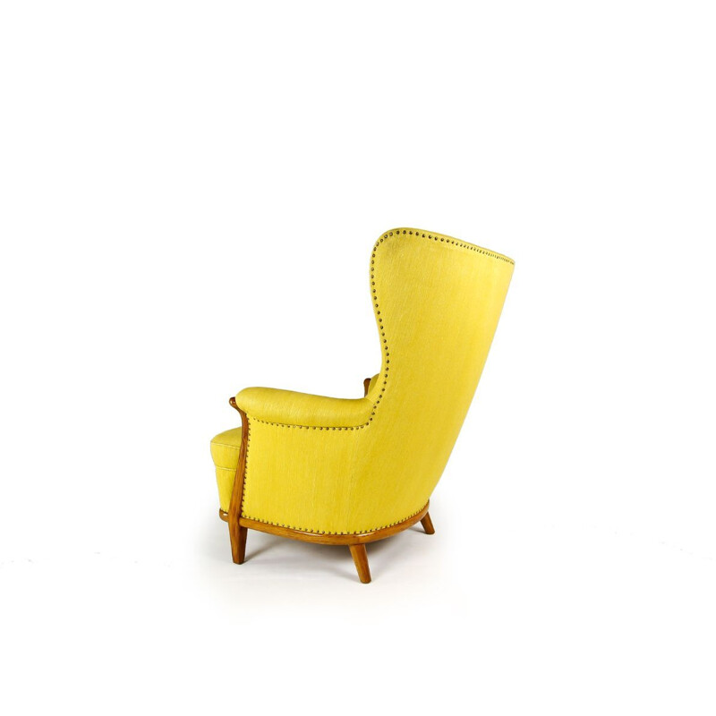 Fauteuil vintage en noyer avec tissu en laine jaune Suédois années 1950