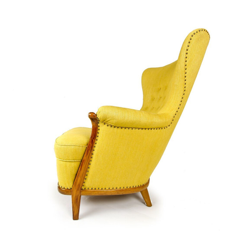 Vintage Armchair in Walnut With Yellow Wool Upholstery Swedish 1950s