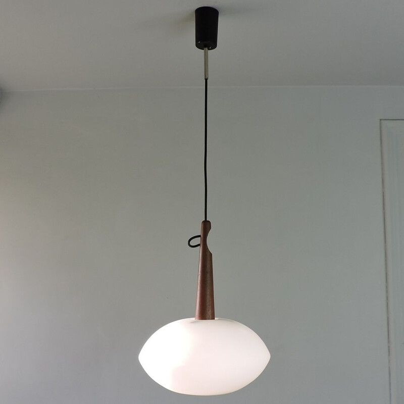 Scandinavian vintage pendant lamp in teak and opaline by Uno & Osten Kristiansson