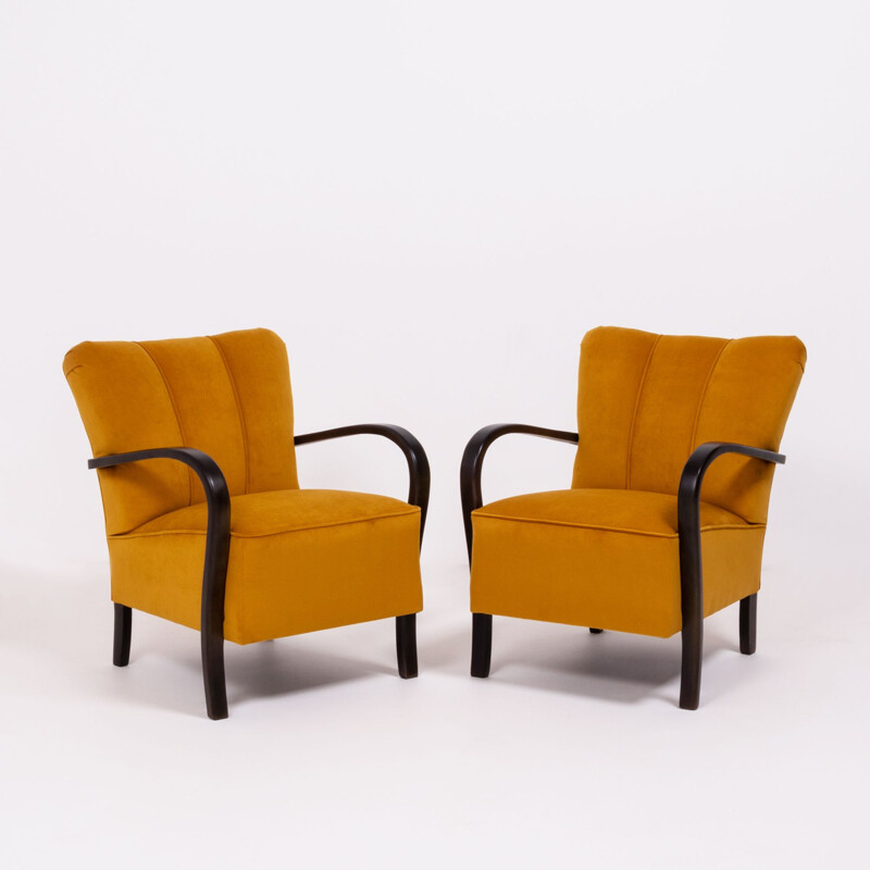 Set of 2 vintage yellow velvet bentwood Halabala armchairs