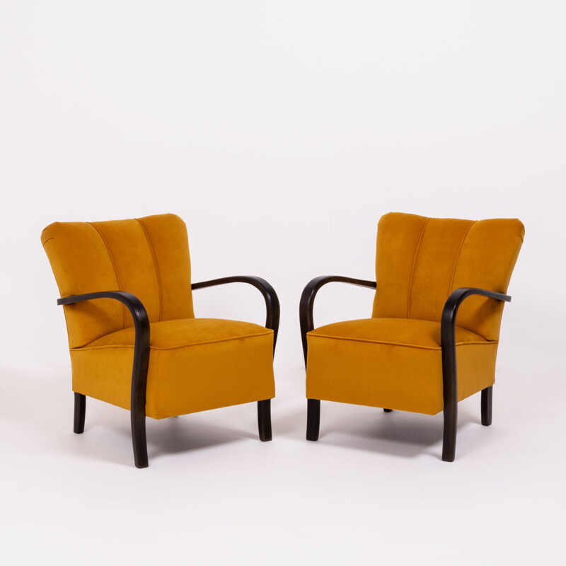 Suite de 2 fauteuils vintage velours jaune Halabala
