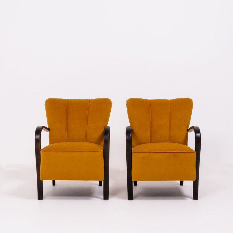 Set of 2 vintage yellow velvet bentwood Halabala armchairs