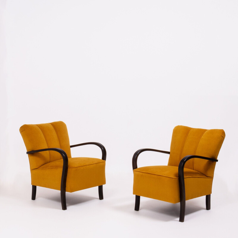 Set of 2 vintage yellow velvet bentwood Halabala armchairs