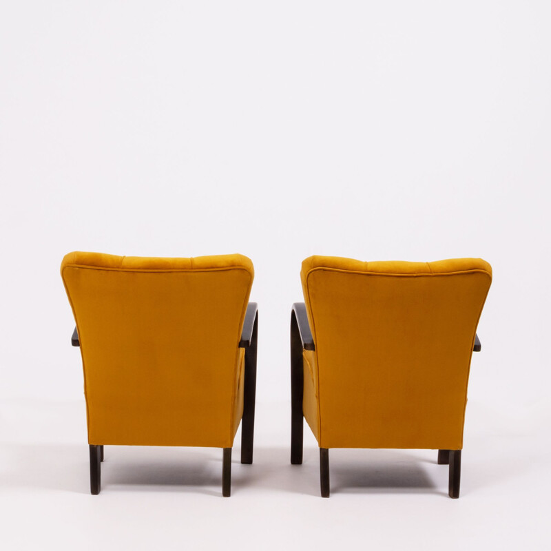 Set of 2 vintage yellow velvet bentwood Halabala armchairs