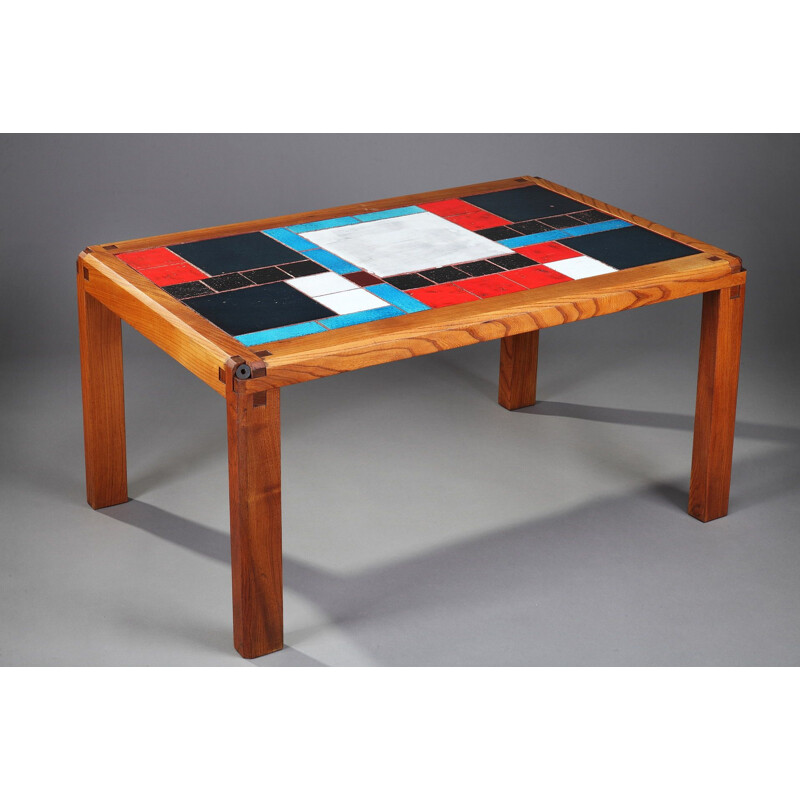 Vintage coffee table in solid elm and ceramic tiles by Pierre Chapo