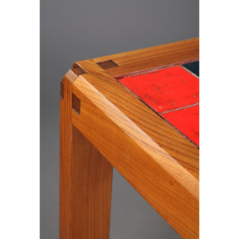 Vintage coffee table in solid elm and ceramic tiles by Pierre Chapo