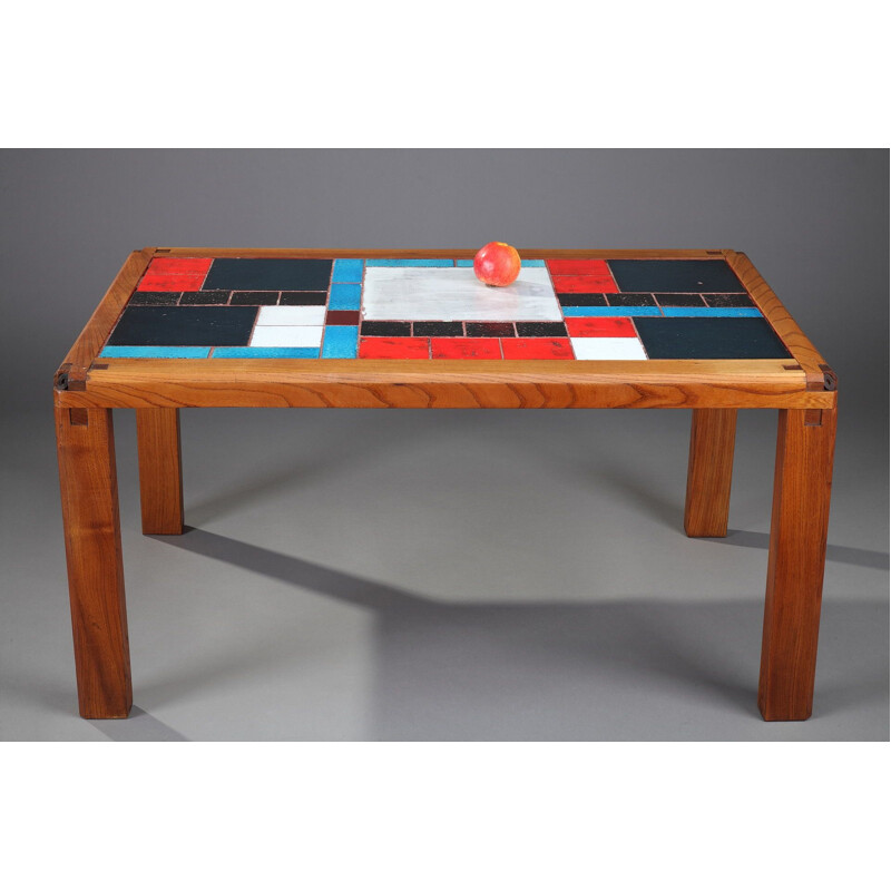 Vintage coffee table in solid elm and ceramic tiles by Pierre Chapo
