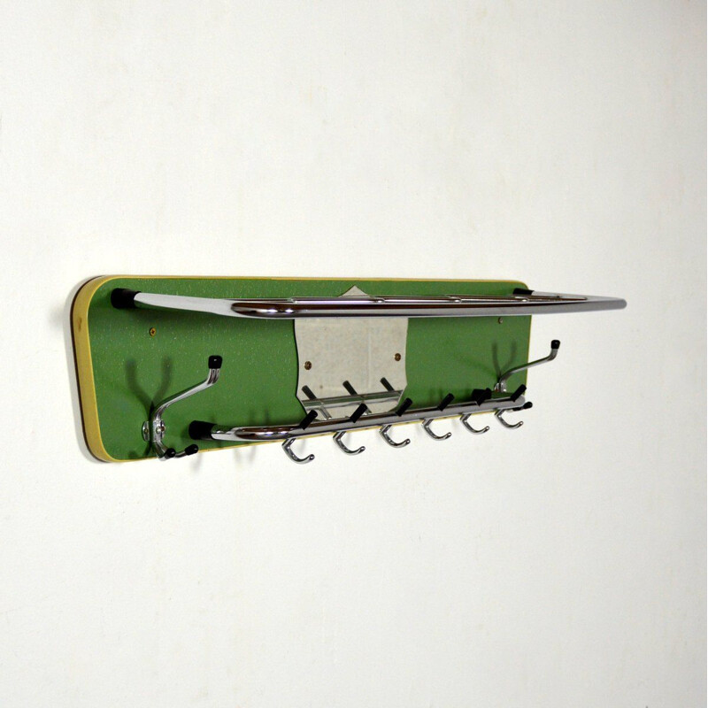 Large vintage coat rack green wood and chrome 1950s