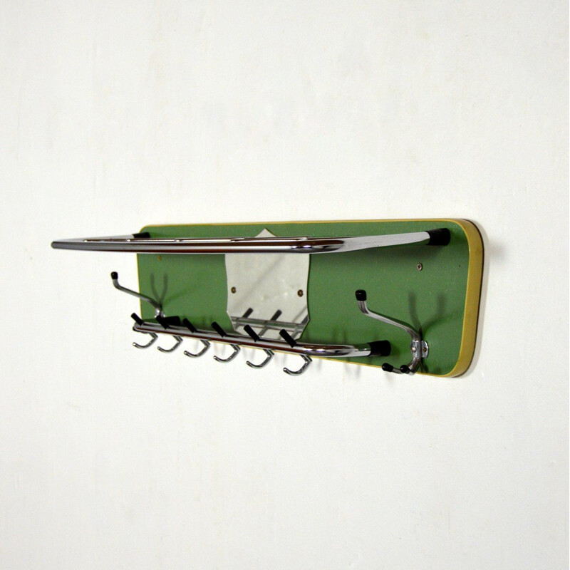 Large vintage coat rack green wood and chrome 1950s