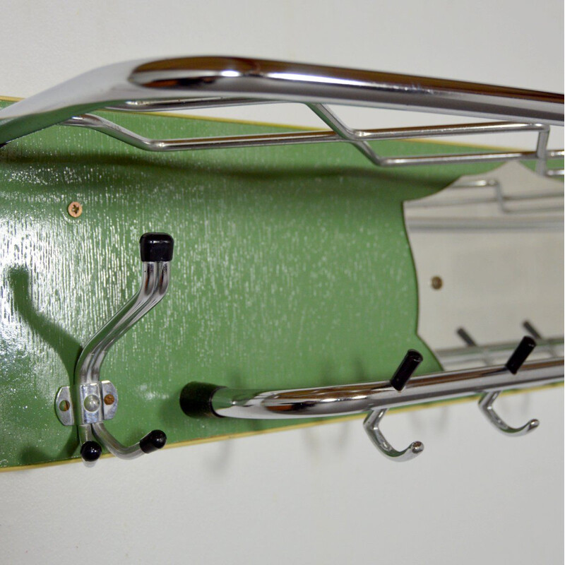 Large vintage coat rack green wood and chrome 1950s