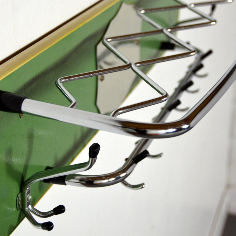 Large vintage coat rack green wood and chrome 1950s