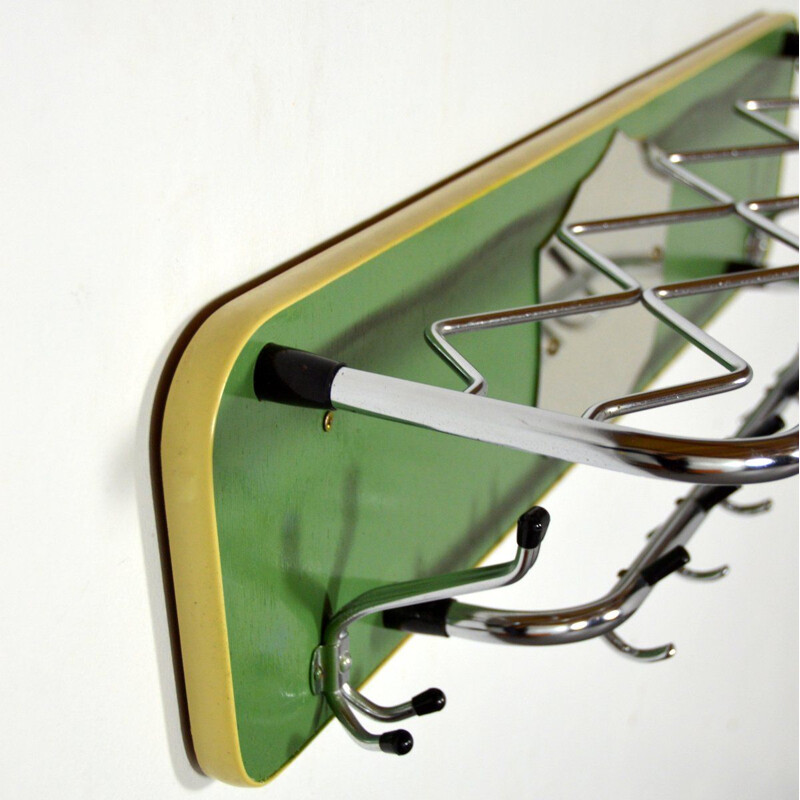 Large vintage coat rack green wood and chrome 1950s