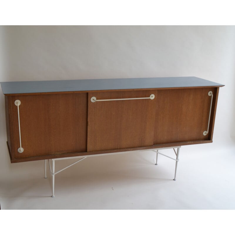 Vintage wood and blue formica sideboard by Henri Lancel for Primavera, France 1950s