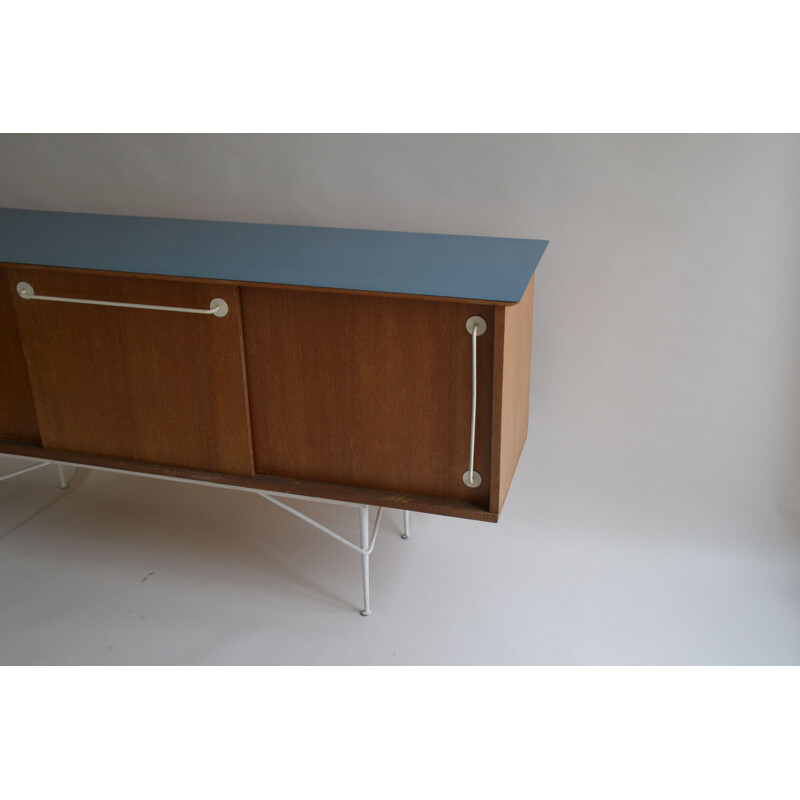 Vintage wood and blue formica sideboard by Henri Lancel for Primavera, France 1950s