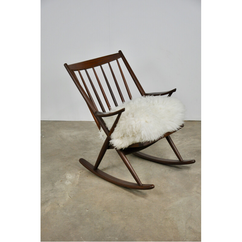 Vintage rocking chair for Bramin in sheepskin and teak 1960