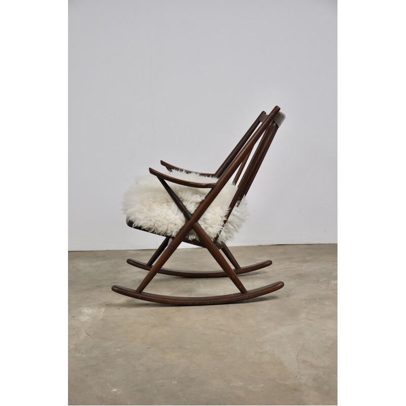 Vintage rocking chair for Bramin in sheepskin and teak 1960