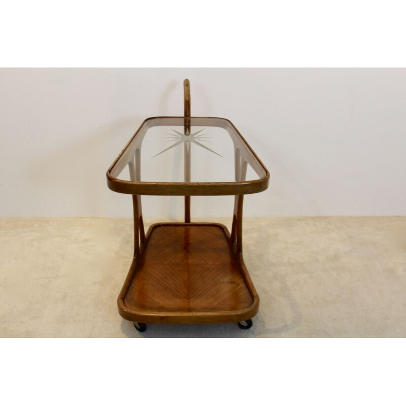 Vintage italian bar cart by Lacca in glass and walnut 1950