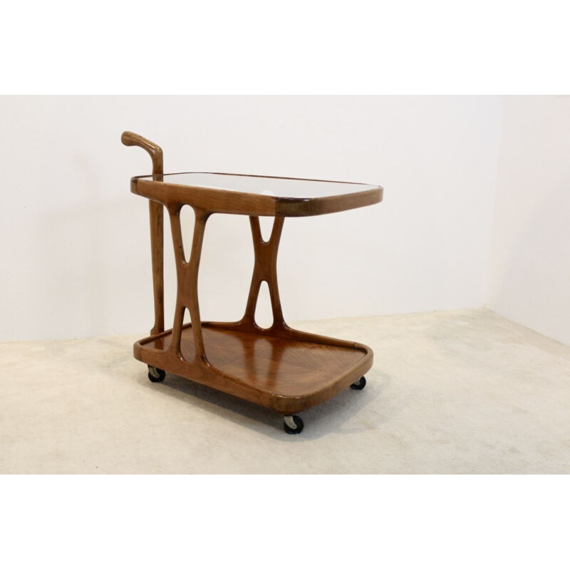 Vintage italian bar cart by Lacca in glass and walnut 1950