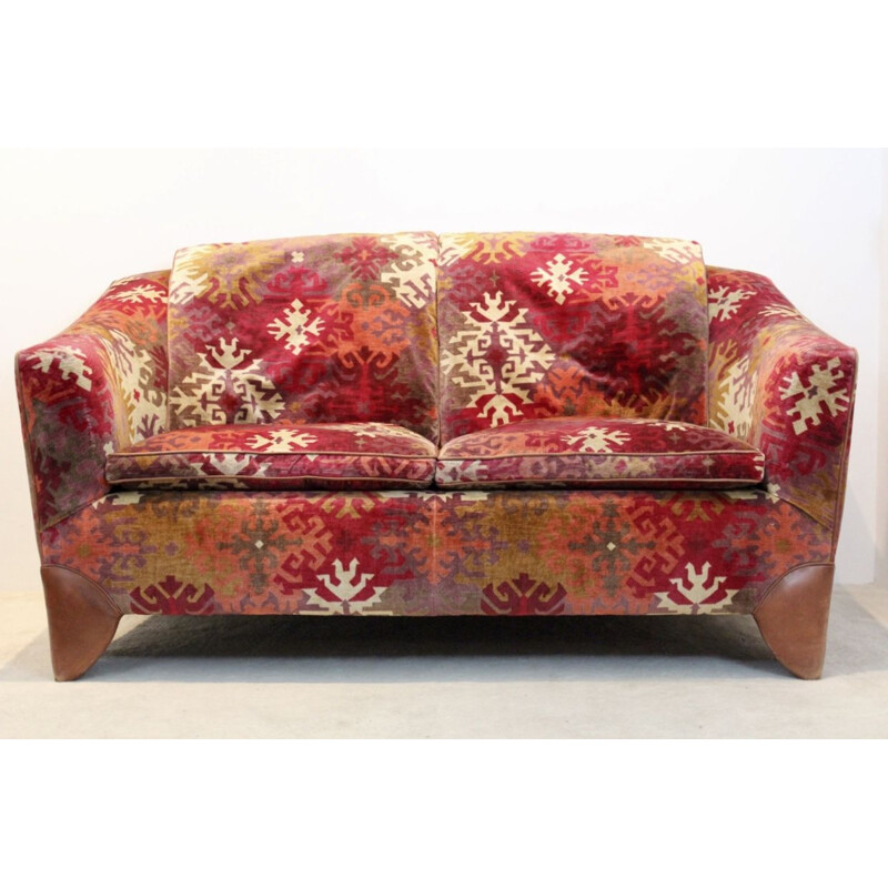 Vintage dutch sofa in velvet and leather with graphical print 1980