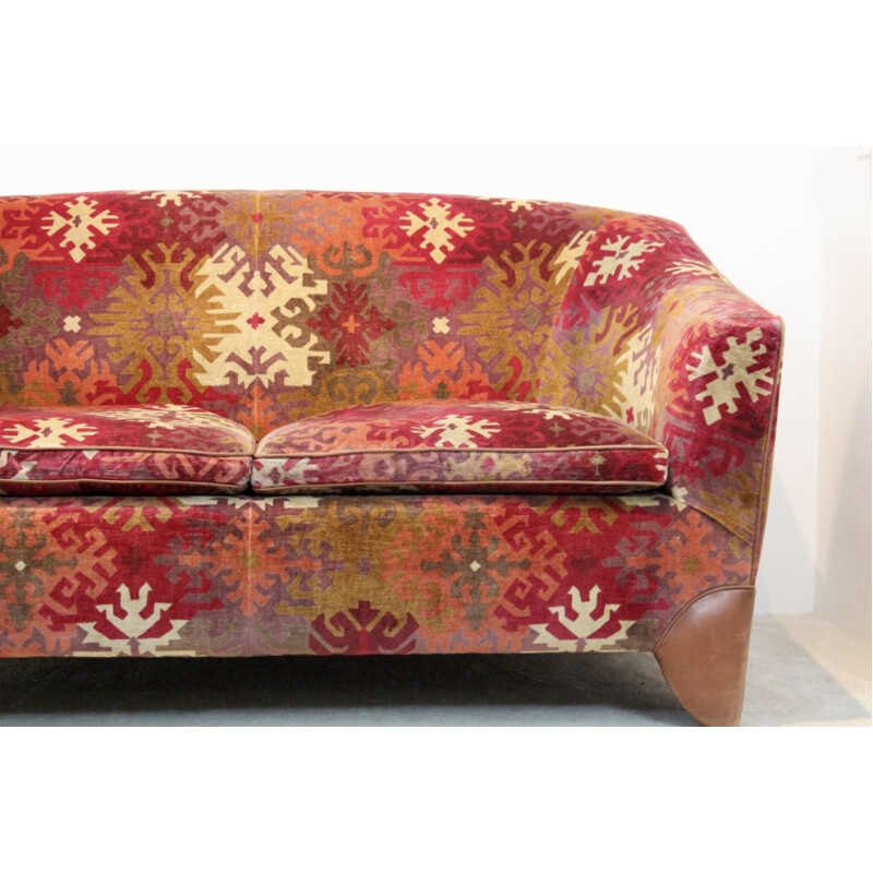 Vintage dutch sofa in velvet and leather with graphical print 1980