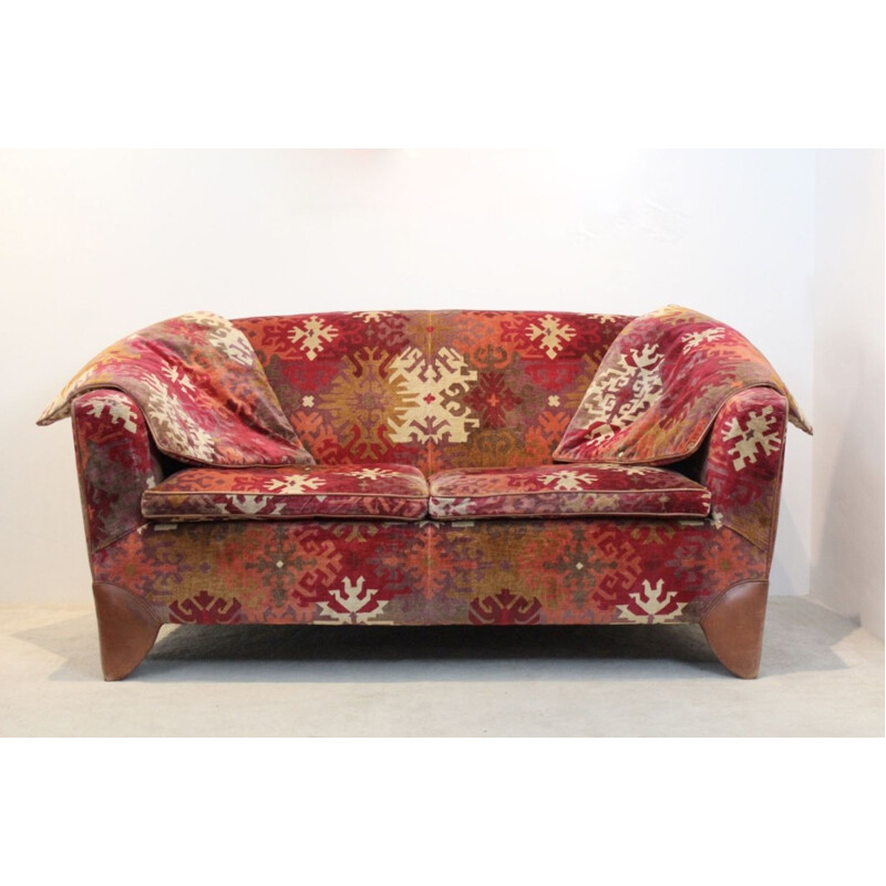 Vintage dutch sofa in velvet and leather with graphical print 1980