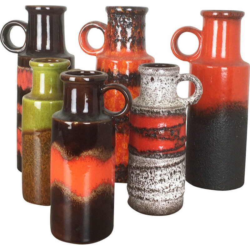 Set of 6 vintage pottery Fat Lava vases by Scheurich