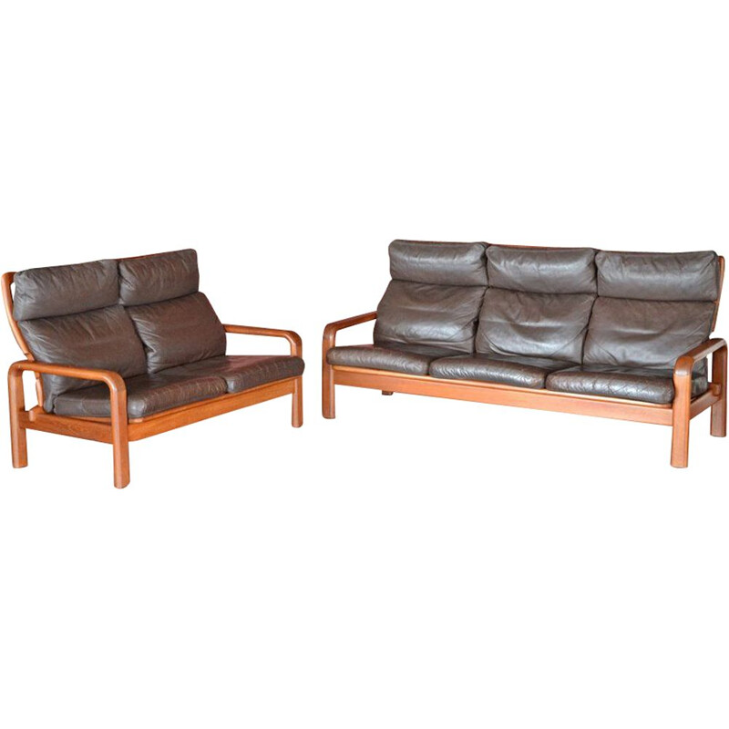 Danish teak and leather lounge set by L. Olsen & Son