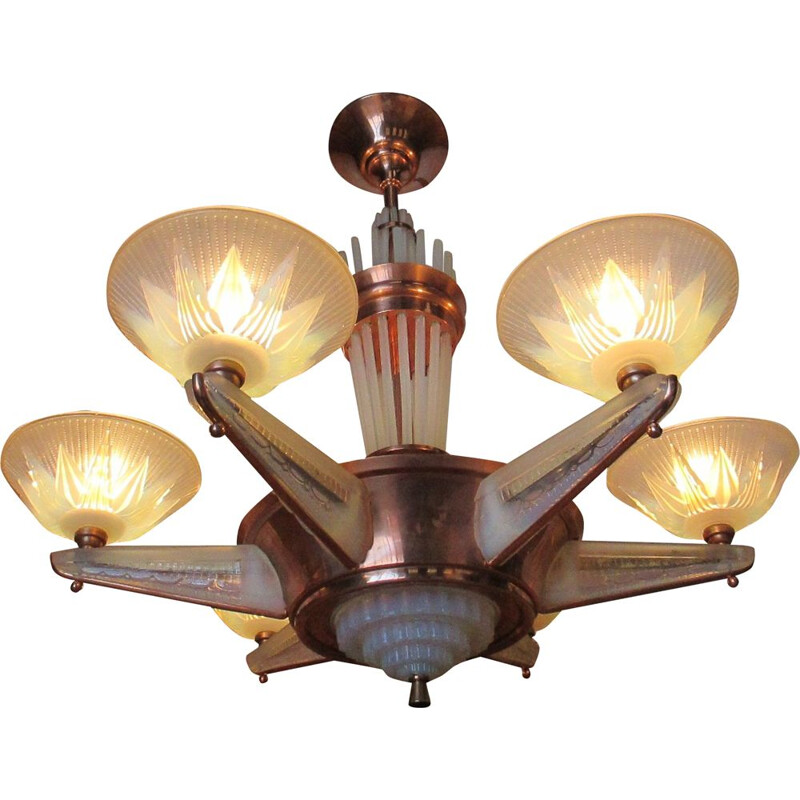Vintage bronze and glass chandelier by Ezan and Petittot, France 1930