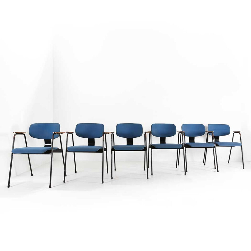 Set of 6 vintage chairs for Tubax in blue vinyl and metal 1950