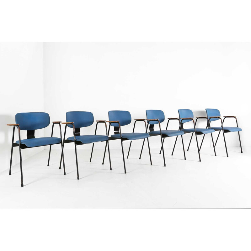 Set of 6 vintage chairs for Tubax in blue vinyl and metal 1950