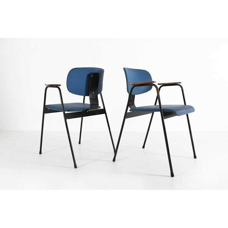 Set of 6 vintage chairs for Tubax in blue vinyl and metal 1950