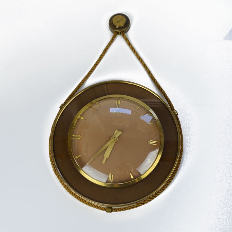 Vintage german wall clock for UPG Halle in brass and glass 1950