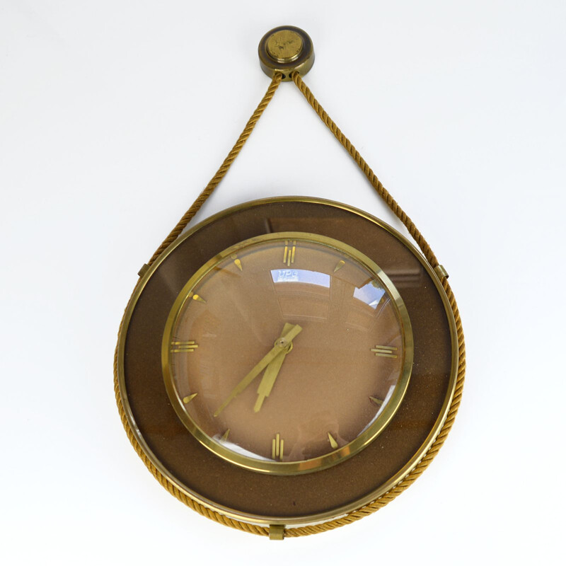 Vintage german wall clock for UPG Halle in brass and glass 1950