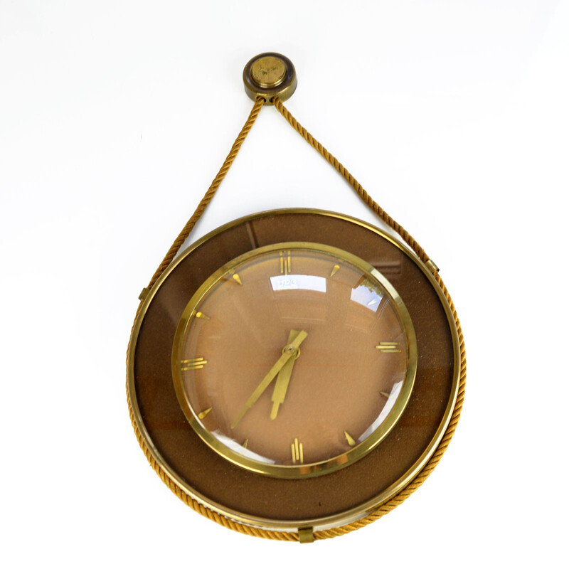 Vintage german wall clock for UPG Halle in brass and glass 1950