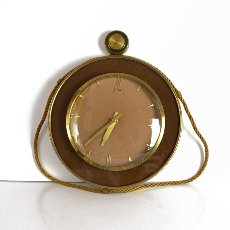 Vintage german wall clock for UPG Halle in brass and glass 1950