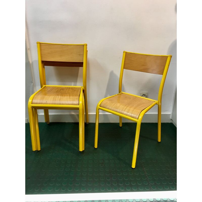 Pair of french vintage chairs in yellow steel and wood 1980