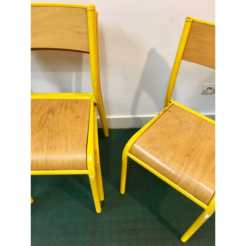Pair of french vintage chairs in yellow steel and wood 1980