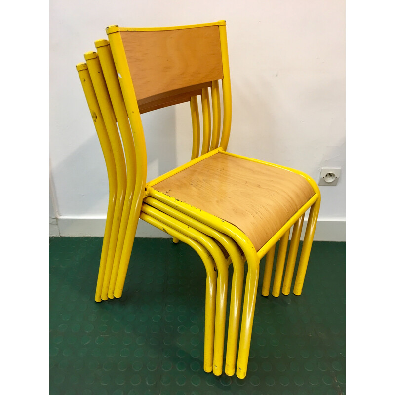 Pair of french vintage chairs in yellow steel and wood 1980