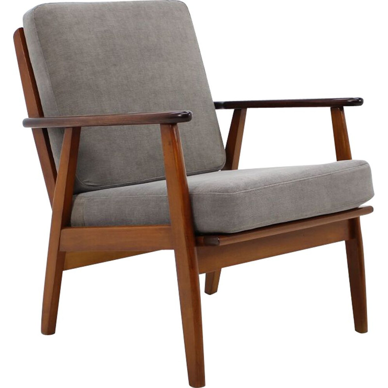 Vintage danish armchair in grey fabric teak and beech 1960