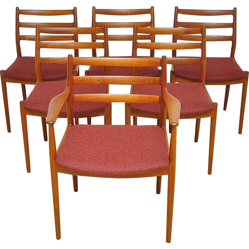 Set of 6 vintage model 191 chairs for France & Søn in red wool and teakwood 1960