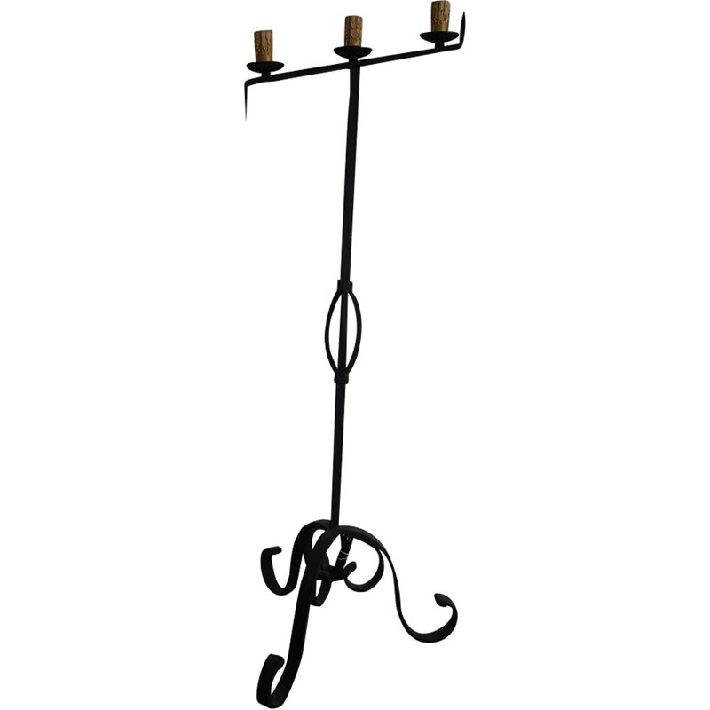 French vintage floor lamp in black wrought iron 1930