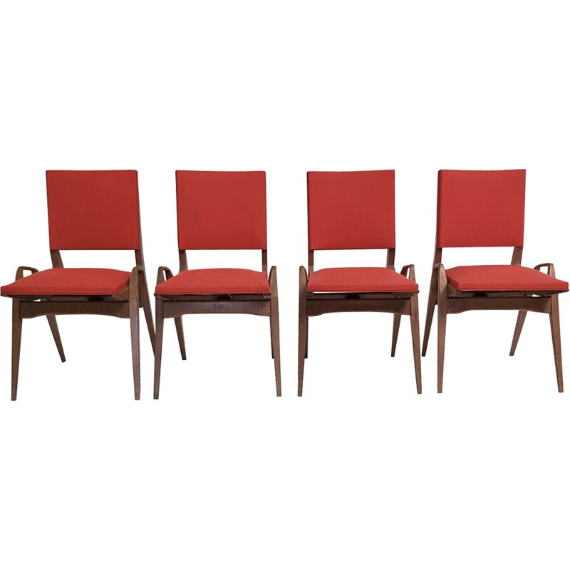 Set of 4 vintage Pré chairs in red leatherette and oak 1950