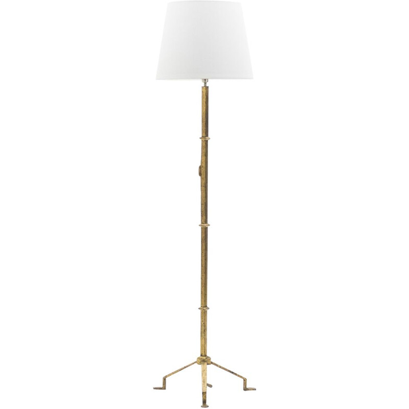 French vintage Thibier floor lamp in wrought gilded iron 1960