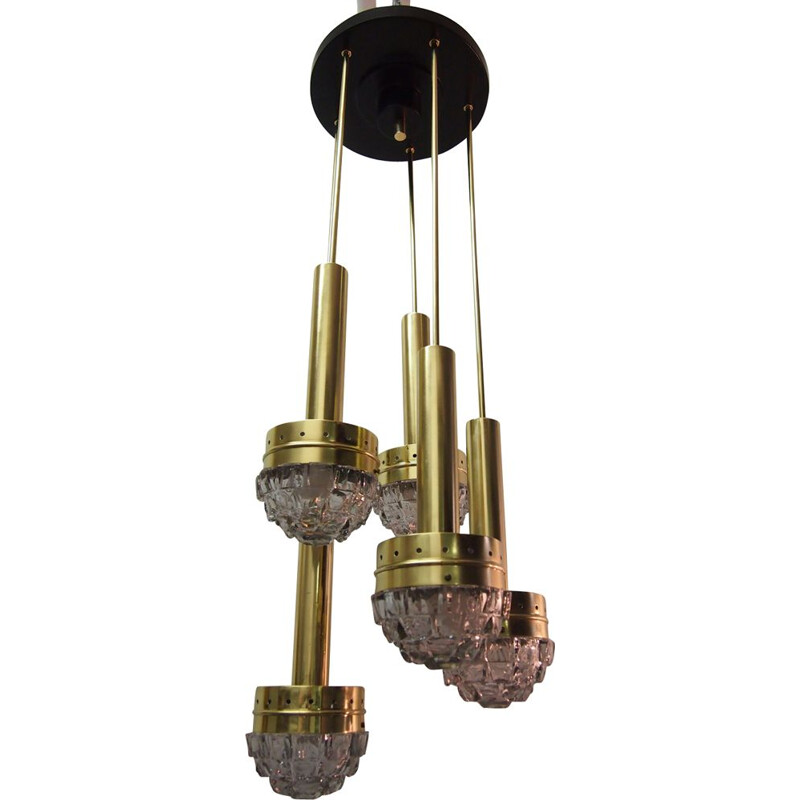 Vintage pendant lamp by Fagerlunden in brass metal and glass 1960