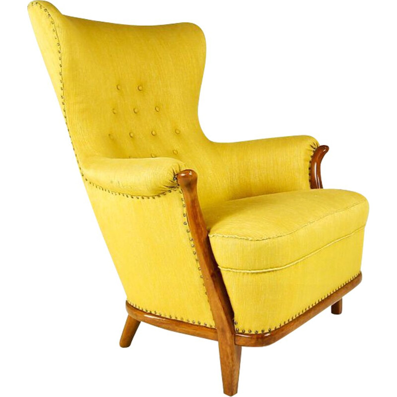 Vintage Armchair in Walnut With Yellow Wool Upholstery Swedish 1950s