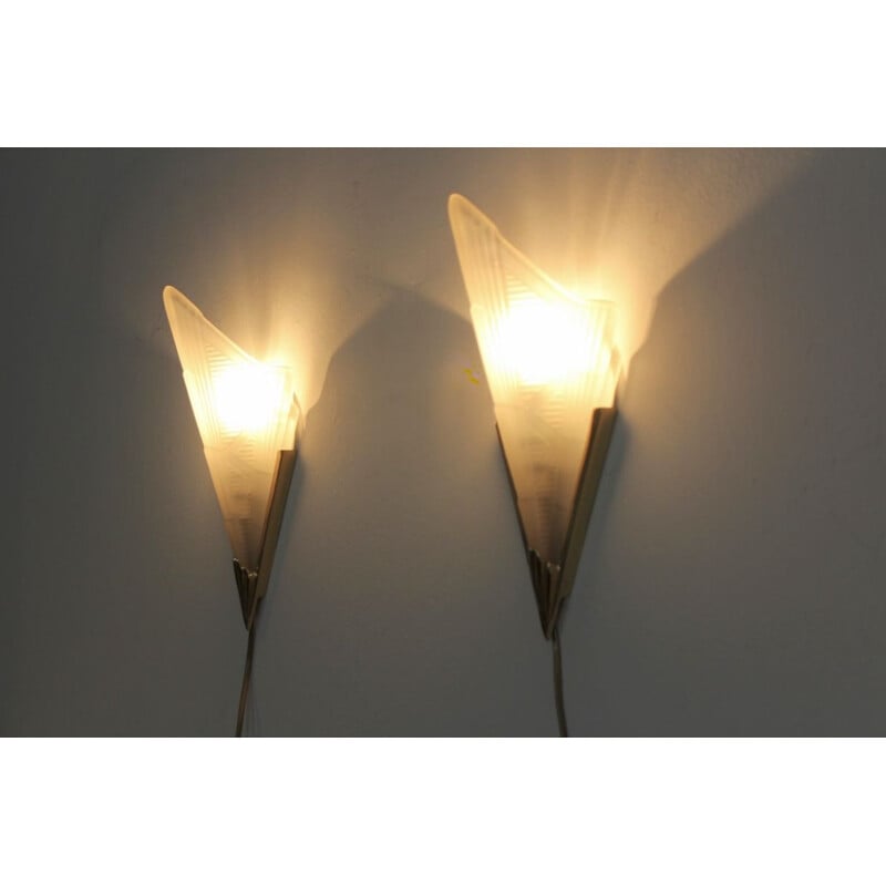 Vintage sophisticated pair of brass & glass wall lamps