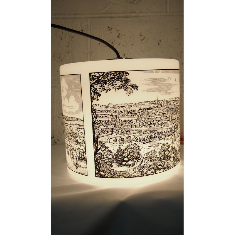 Vintage silk-screen printed opaline pendant lamp
