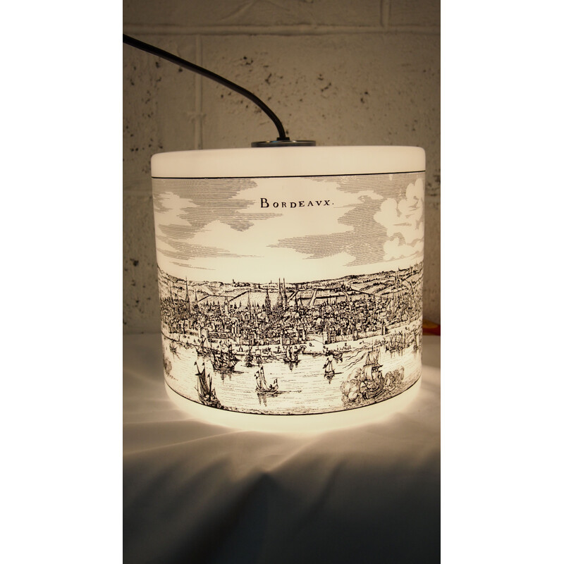 Vintage silk-screen printed opaline pendant lamp