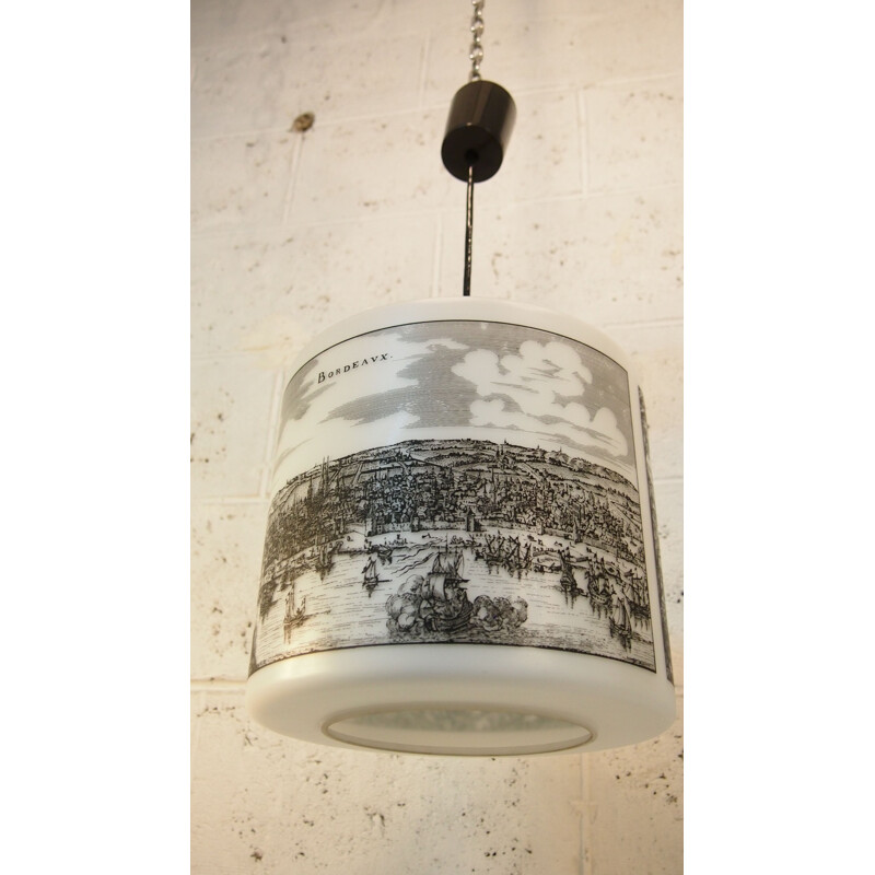 Vintage silk-screen printed opaline pendant lamp